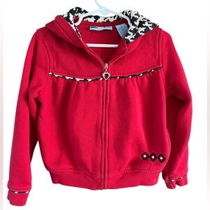 Red Zip-Up Jacket with Animal Print Trim